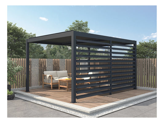 Pérgola bioclimática autoportante eléctrica antracita en aluminio con lamas orientables y celosía 3,68 m - 12 m² - AMADORA