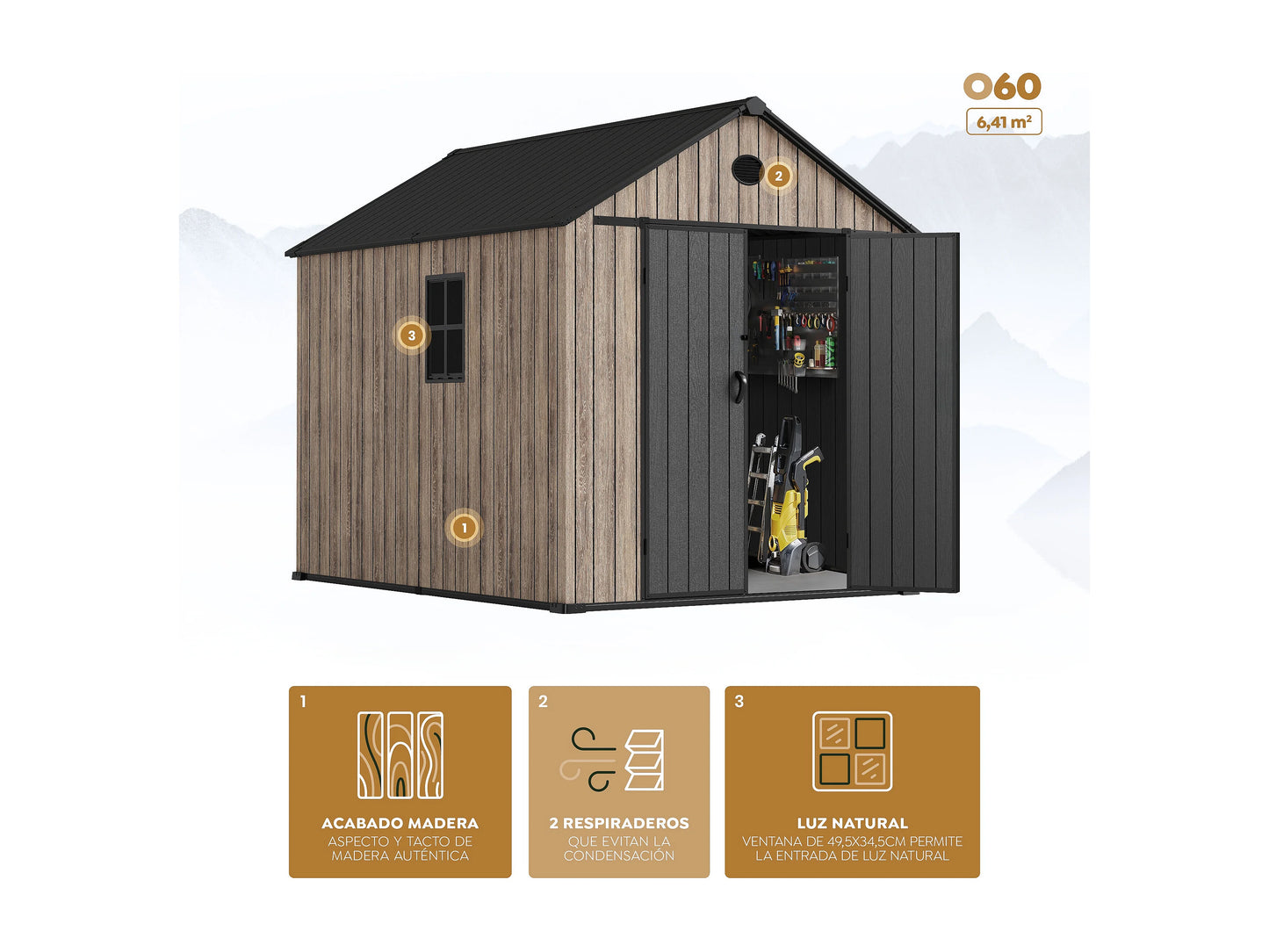 Hoggar – Caseta de Resina Jardín 6,41m2 - Suelo – Ventana – Efecto Madera Premium - Doble Puerta Amplia – Protección UV e Impermeable – Cierre con Pasador