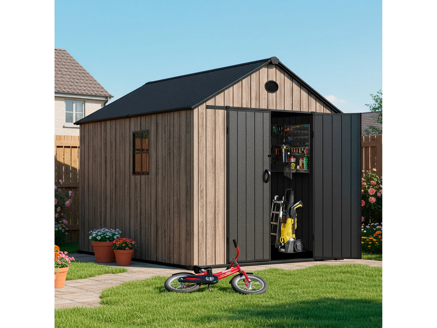 Hoggar – Caseta de Resina Jardín 6,41m2 - Suelo – Ventana – Efecto Madera Premium - Doble Puerta Amplia – Protección UV e Impermeable – Cierre con Pasador