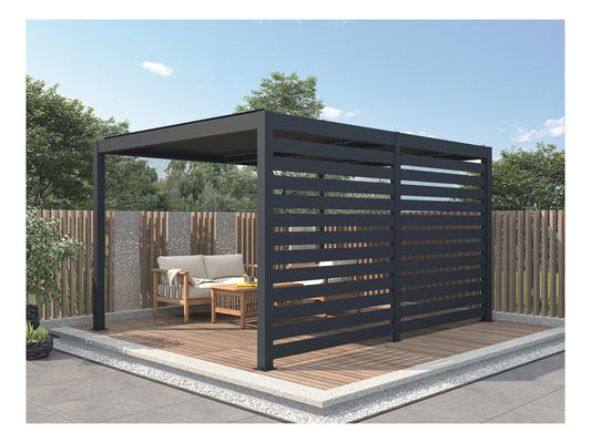 Pérgola bioclimática autoportante eléctrica antracita en aluminio con lamas orientables y celosía 3,68 m - 12 m² - AMADORA