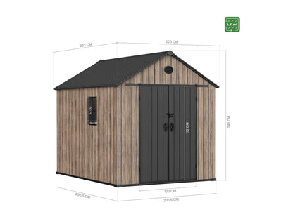 Hoggar – Caseta de Resina Jardín 6,41m2 - Suelo – Ventana – Efecto Madera Premium - Doble Puerta Amplia – Protección UV e Impermeable – Cierre con Pasador