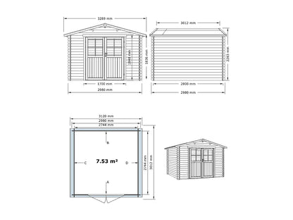 Caseta de jardín de madera tratado con autoclave 9,91 m² de 28 mm de grosor